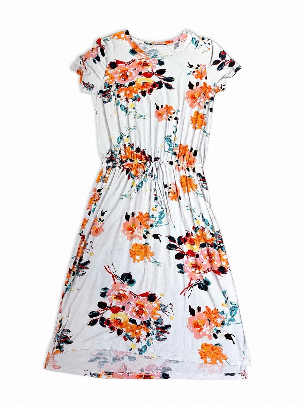Simier Fariry Floral Midi Dress Women’s S White Orange Short Sleeve